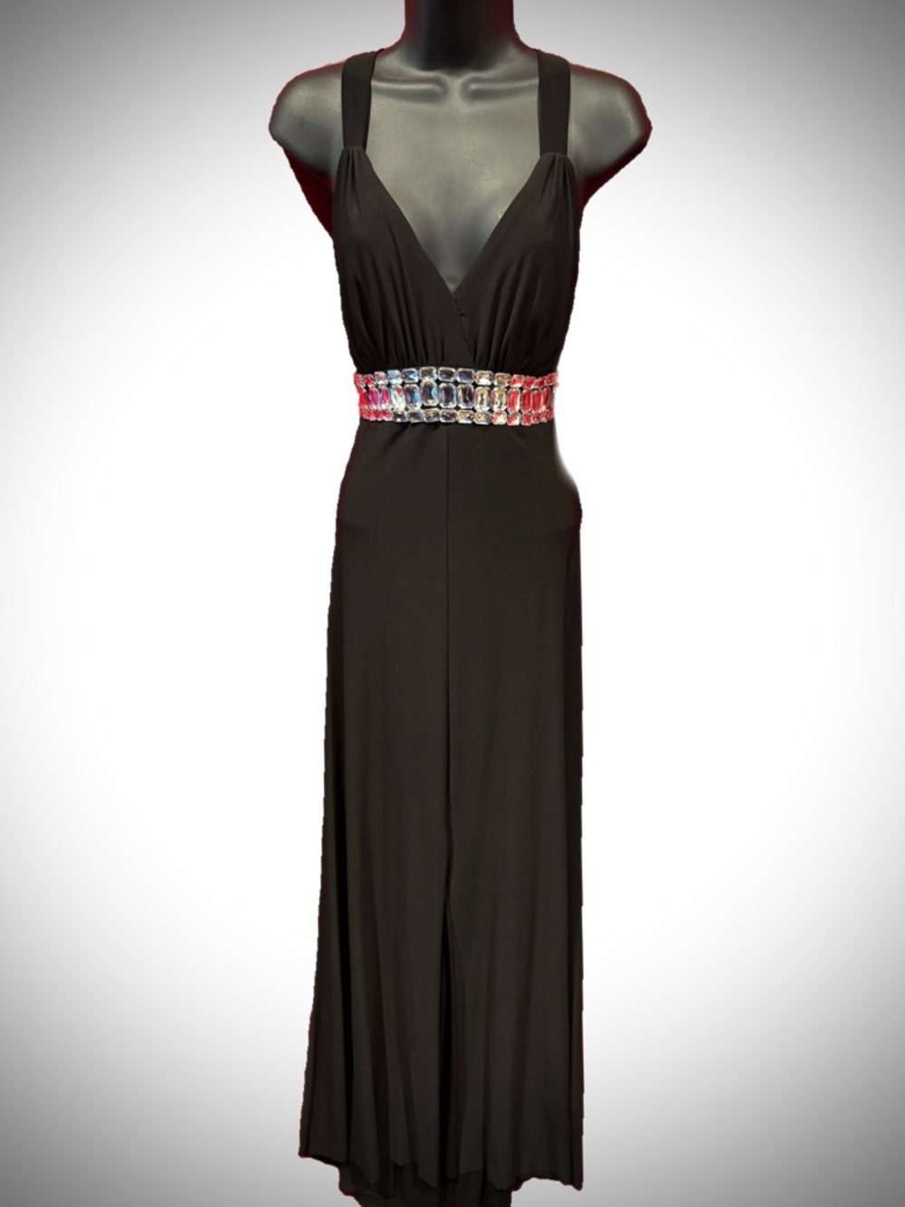 Elegant Black Evening Gown with Jeweled Waist